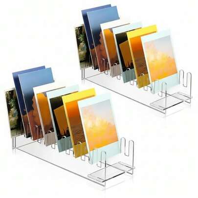 2 Pcs Greeting Card Display Stand Acrylic Greeting Card Display Rack Portable Postcard Organizer For Retail Counter Tabletop Postcards Coasters Stickers Brochures Vendors (Clear)
