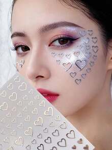 1个银色镂空心形金属质感脸贴，音乐节派对舞台妆容脸部装饰贴纸，Y2K甜美银色心形脸贴，自粘式，易于使用 - 彩色 - 查看 1