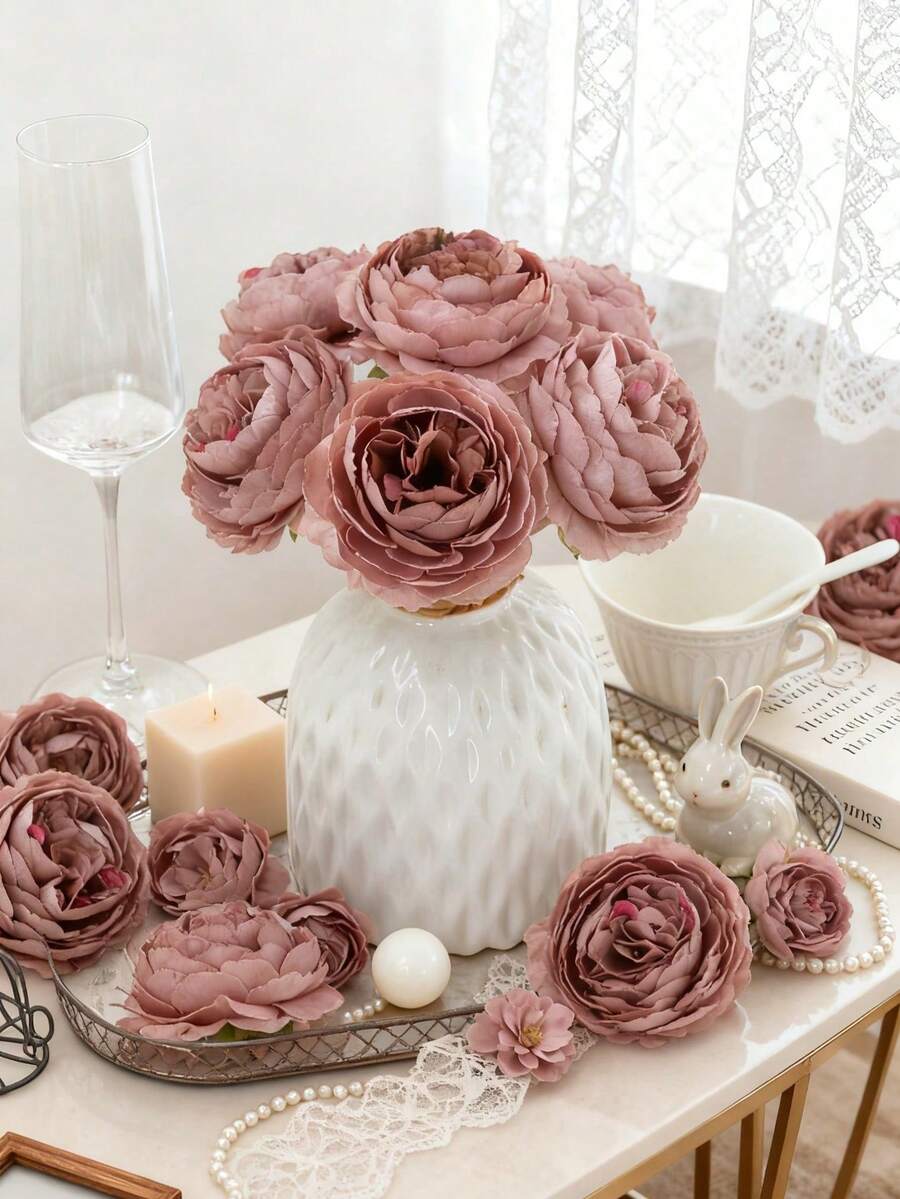 6朵仿真蓝色牡丹花头,丝质仿真牡丹花,适用于婚礼派对装饰、蛋糕装饰、家居客厅桌面装饰、秋季派对装饰、丰收节餐桌摆饰、花环装饰 - 豆沙色 - 查看 1