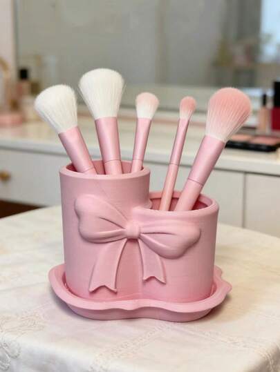 1pc Pink Bow Storage Bucket, Dual-Compartment Design, 3D Bow Embossed Texture, Practical Storage Item, Cute Desktop Decor, Large Capacity, Portable, Travel Essential, Easy To Carry And Store