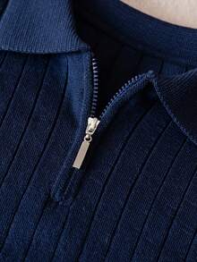 Boys' Solid Color Cable Knit Short Sleeve Half-Zip Lightweight Sweater, Suitable For School & Everyday Wear, Spring/Summer/Autumn - Navy Blue - View 5