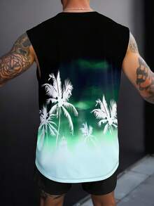 Conjunto de camiseta de tirantes casual con estampado de palmeras para hombre - Verde - Ver 2
