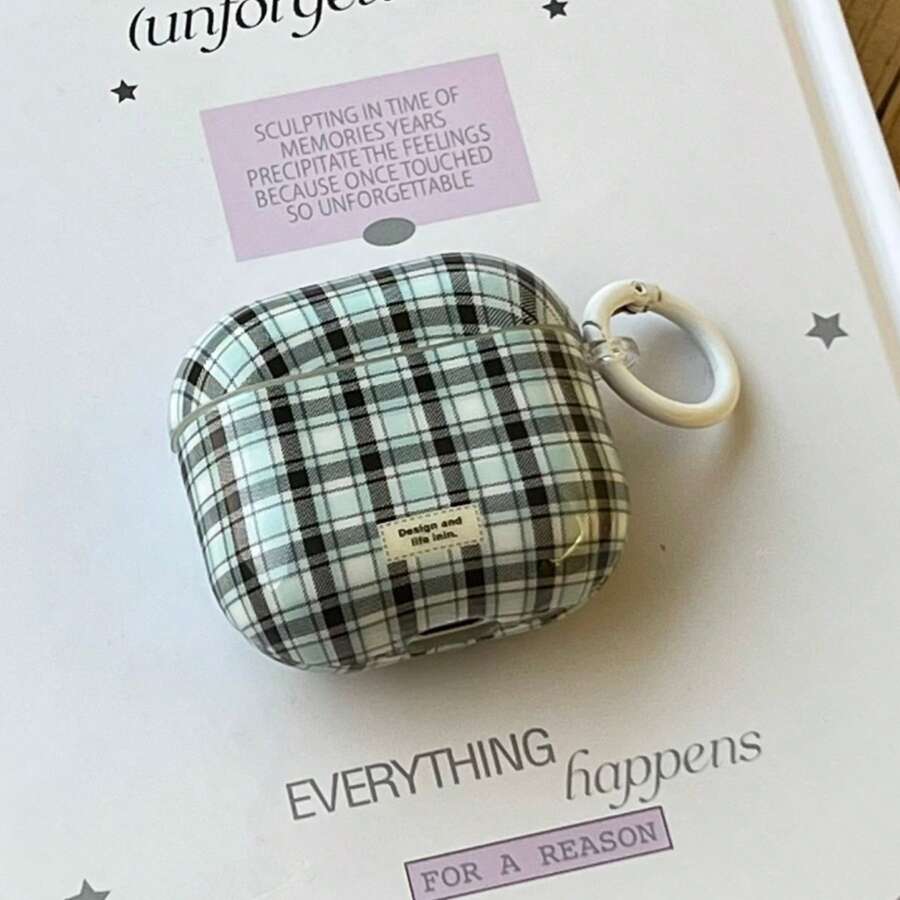 Minimalist Blue Plaid Splicing Earphone Case With Hanging Ring, Suitable Compatible With Airpods Pro 3, New Pro 2, Cute 4 Minimalist 3, Personalized 1/2, Protective Case For Women