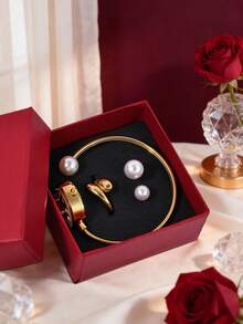 1pc LUCKYFOX Dry Battery Quartz Watch With Ring Gift Set, Minimalist Casual Retro Business Style Zinc Alloy Watch Bracelet With Pearl, Luxury Gift Box Includes Greeting Card, Suitable For Holidays, Valentine's Day Gifts - Gold - View 3