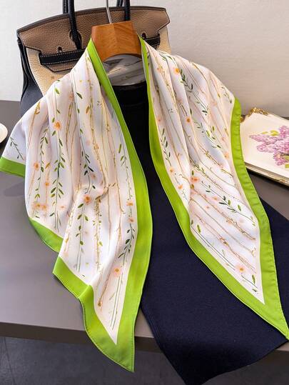 1 pieza Pañuelo de seda satinada de imitación con motivo floral elegante y de moda, pañuelo para la cabeza, bufanda versátil para mujer para turismo, vacaciones, ocio, pañuelo para la cabeza, cuello pequeño para el uso diario.