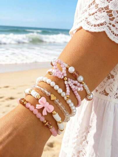 imoli 6pcs/Set Fashionable Boho Chic Glass Faceted Beaded Bowknot Polymer Clay Bracelet Set, Suitable For Women As Jewelry Gift For Vacation, Holiday Party, Daily Wear