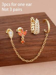 Bộ 3 khuyên tai hình hoa màu cam đính đá Zirconia kiểu cổ điển, khuyên tai kẹp tai có dây tua rua, trang sức mạ vàng 18K dành cho nữ, quà tặng đính hôn và sinh nhật. - Vàng-4# - Xem 2