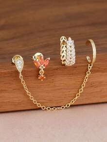 Bộ 3 khuyên tai hình hoa màu cam đính đá Zirconia kiểu cổ điển, khuyên tai kẹp tai có dây tua rua, trang sức mạ vàng 18K dành cho nữ, quà tặng đính hôn và sinh nhật. - Vàng-4# - Xem 4