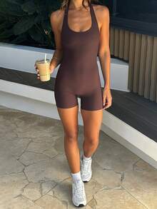 BabeHomee 女士棕色无袖连体裤，适合健身、瑜伽、运动、街头风、约会和休闲穿着，夏季优雅之选。 - 棕色 - 查看 5