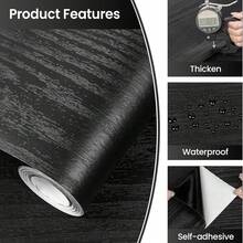 1 Roll Black Wood Grain Self-Adhesive Removable Wallpaper, Waterproof And Durable For Wall, Cabinet, Furniture, Kitchen, Bar Countertop, 45cm X 1000/500/300/100cm - Black - View 11