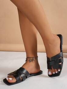 女士平底凉鞋，黑色方头休闲时尚沙滩鞋，百搭拖鞋 - 黑色 - 查看 3