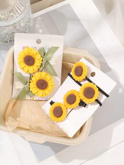 4pcs/Set Girls Sunflower Hair Clips, Cute Cartoon Flower Hair Pins, Stylish Hair Accessories For Bangs