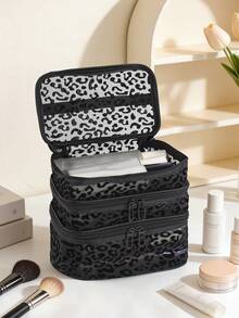 1个豪华三层化妆包，黑色植绒豹纹网眼化妆品收纳包，伴娘礼物化妆品收纳手提包 - 彩色 - 查看 3