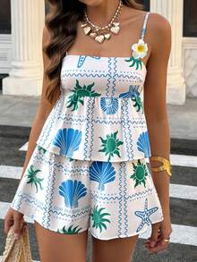 Doriss 两件套荷叶边吊带印花吊带背心套装，女士沙滩装，夏季服装，情人节，休闲上衣，女士度假装，夏季假期 - 彩色 - 查看 3