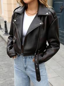 Women's Distressed Faux Leather Bomber Jacket, Loose Fit Motorcycle Jacket - Dark Brown - View 3