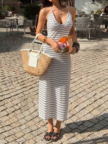 PoPoHouse Women's Black And White Striped Thin Shoulder Strap Backless Pleated Chest Casual Dress Versatile For Spring Vacation And Summer Holiday Outfits Brunch Date Night Beach Outfits - Black and White - View 8