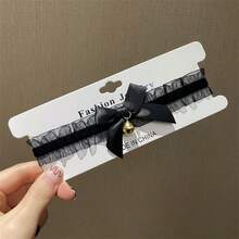 Women's Lace Bow Tie Collar With Small Bell Pendant Necklace, Suitable For Evening Gown And Wedding - Black - View 8