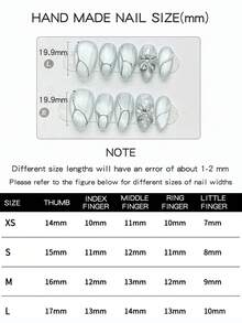 10片纯手工制作的按压式美甲贴片，短杏仁形，时尚简约风格，饰有手绘灰白色烟花猫眼效果、立体手绘银色花朵，并点缀不规则的手绘银镜粉线条和水钻装饰，是一款高端美甲贴片，适合女性和女孩日常佩戴，并附赠美甲套装。 - 彩色 - 查看 6
