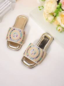 1 Pair Girls' Exotic Beaded Slide Sandals For Versatile Vacation Summer Use - Champagne - View 4