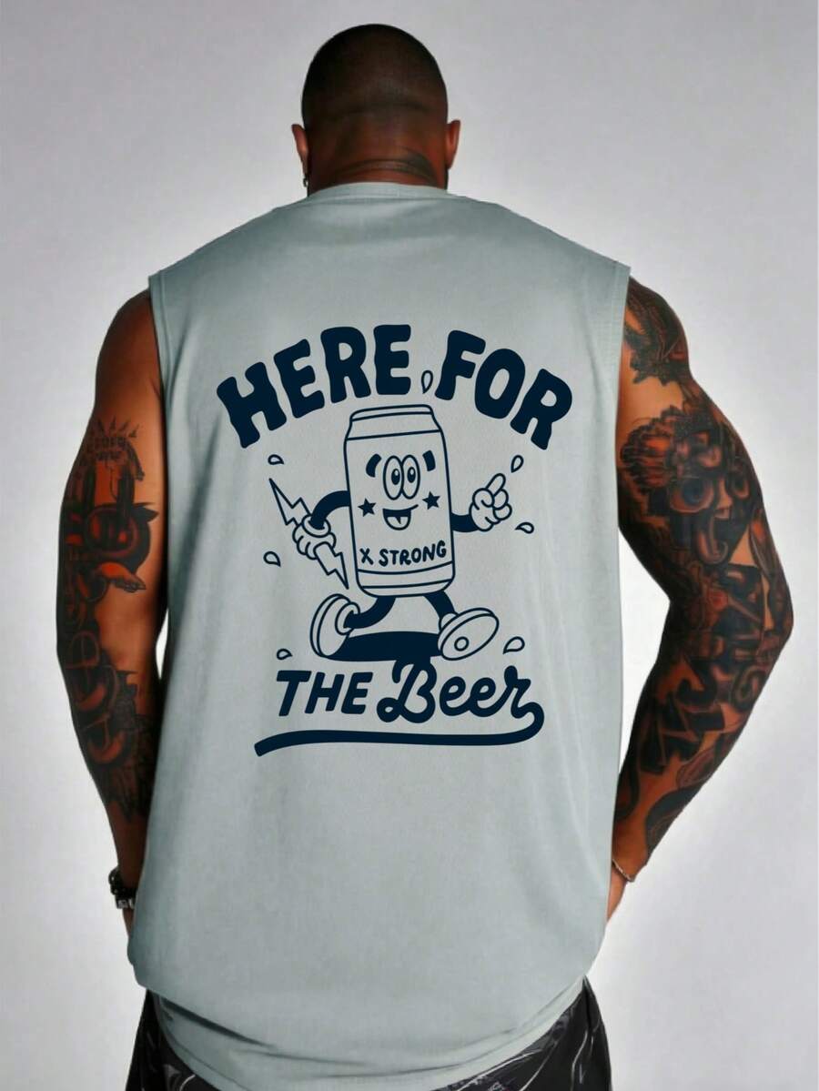 Plus Size Men's Summer Round Neck Beer Slogan Casual Tank Top - Grey - View 1