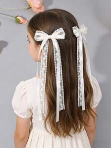 2个白色蕾丝蝴蝶结发夹，女孩优雅蕾丝长尾发夹，纯色刺绣网纱蝴蝶结鳄鱼夹，仙女风发饰，适合青少年，可用于节日、婚礼、派对等场合。 - 白色 - 查看 2