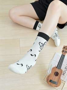 1/3/5双装女士混色音符图案优雅时尚柔软舒适中筒袜，适合春秋季穿着 - 彩色 - 查看 6