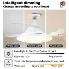 Retractable Ceiling Fan With 3-Tone LED Light, Silent DC Motor, Remote Control, Invisible Blades, Reversible For Summer And Winter, Modern Interior Design - White - View 11