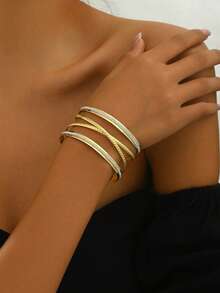 1 pieza Brazalete de metal hueco minimalista y brillante para mujer, adecuado para decoración cuando salir - Azul - Ver 16