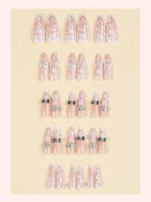 24片法式尖头亚克力美甲贴片，长杏仁形，蕾丝装饰，3D线条蝴蝶结水钻设计，优雅Y2K经典风格，表面光滑，全覆盖假指甲，适合女性和女孩日常佩戴，也适合婚礼场合。 - 彩色 - 查看 2