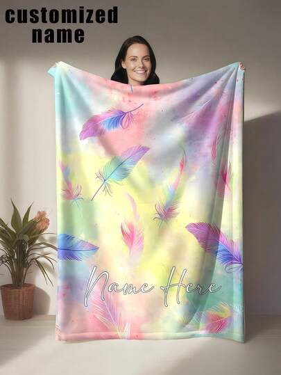 Personalized Flannel Blanket With Watercolor Tie Dye Background And Gradient Feather Accents - Soft, Warm, Tear-Resistant, Machine Washable, Hypoallergenic, Versatile For Sofa, Bed, Travel, Camping, Living Room, Office
