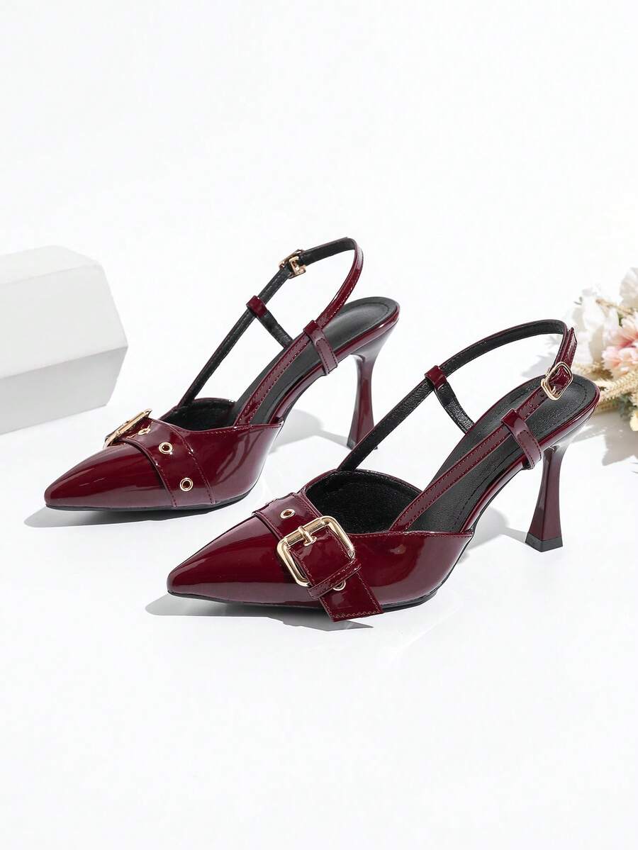 T字带亮面酒红色尖头细高跟凉鞋，休闲户外西式街头时尚通勤商务夜店中式婚礼西式婚礼洛丽塔新款中式性感派对波西米亚复古婚礼中式优雅派对朋克学院风假日时尚PU皮革搭扣亮面+金属搭扣气场十足踝带设计通勤约会四季新款 - 酒紅色 - 查看 1