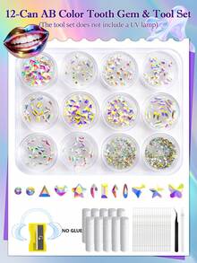 380件牙齿宝石套装，12罐DIY水晶首饰套装牙齿宝石套装，专业时尚牙齿宝石入门套装（不含胶水和灯） - 白AB - 查看 12