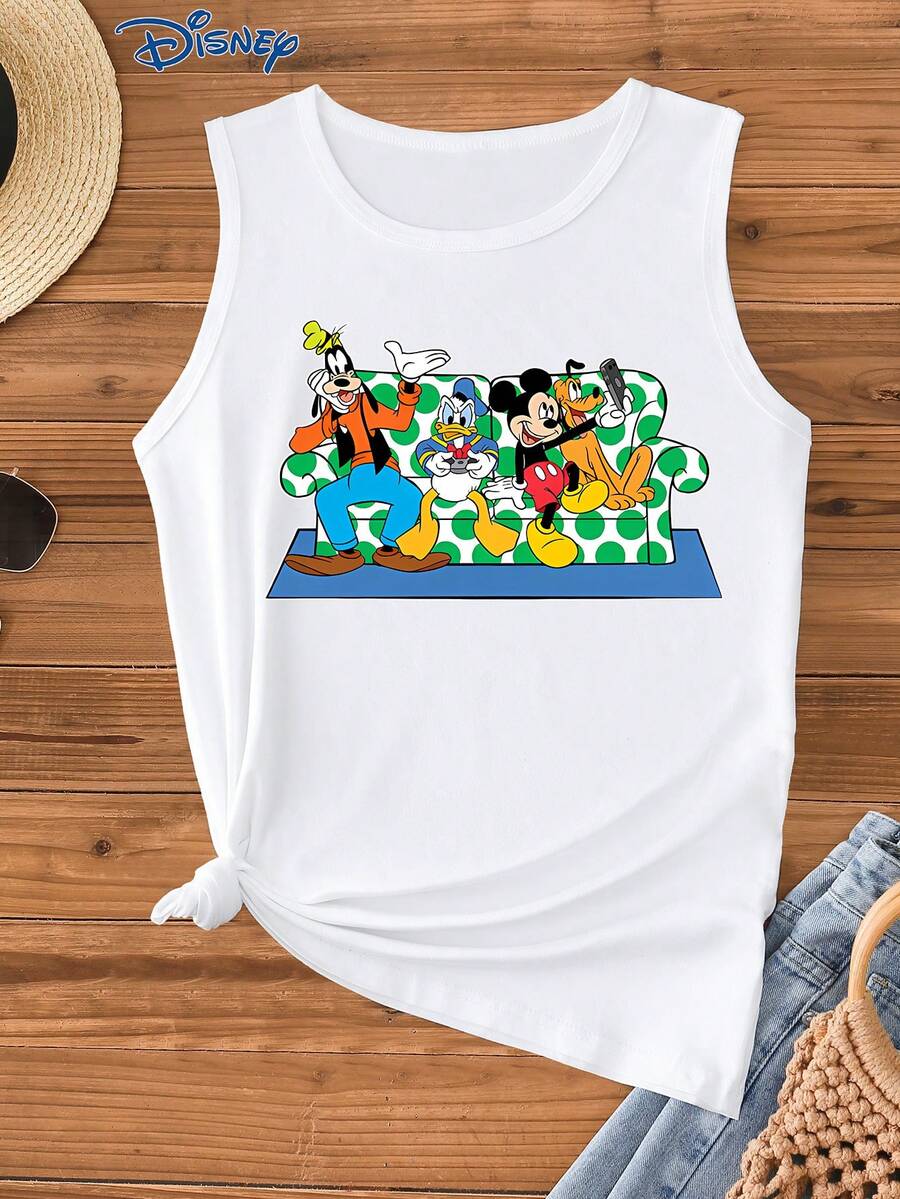 Disney 1件卡通老鼠印花休闲背心，女士夏季款 - 白色 - 查看 1