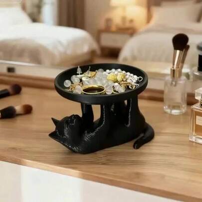 [Bandeja de joyería con forma de gatito lindo] Bandeja de joyería con forma de gatito lindo | Organizador de escritorio redondo de plástico para aretes, anillos, collares - Caja de almacenamiento decorativa y duradera con tapa con estampado de pata, accesorio multiusos para el hogar y el tocador, adecuado para el hogar, la oficina, el tocador, la mesita de noche