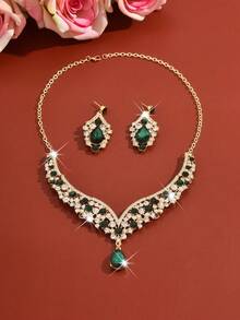 2pcs Luxury Fully Rhinestone Jewelry Set, Including Necklace And Earrings, Available In Navy Blue And Red - 1622 Gold Green Set - View 3