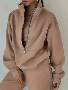 Women's Oversized Half Zip Tracksuit High Neck Loose Fit Sweatshirt And Wide Leg Pants Set Women's Casual Oversized 2 Piece Tracksuit Half Zip High Neck Sweatshirt And Wide Leg Pants Loungewear Cozy Must-Have! Women's Oversized Half Zip Tracksuit High Neck Loose Fit Sweatshirt & Pants Stylish & Comfortable: Women's Oversized 2 Piece Half Zip Tracksuit High Neck Sweatshirt Outfit - 棕色 - 查看 1