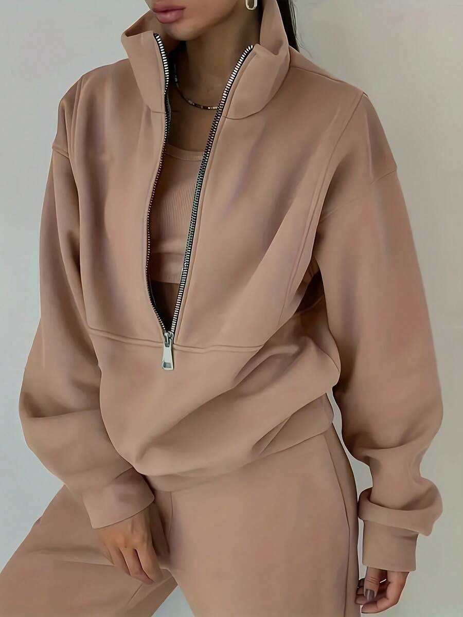 Women's Oversized Half Zip Tracksuit High Neck Loose Fit Sweatshirt And Wide Leg Pants Set Women's Casual Oversized 2 Piece Tracksuit Half Zip High Neck Sweatshirt And Wide Leg Pants Loungewear Cozy Must-Have! Women's Oversized Half Zip Tracksuit High Neck Loose Fit Sweatshirt & Pants Stylish & Comfortable: Women's Oversized 2 Piece Half Zip Tracksuit High Neck Sweatshirt Outfit - 棕色 - 查看 1