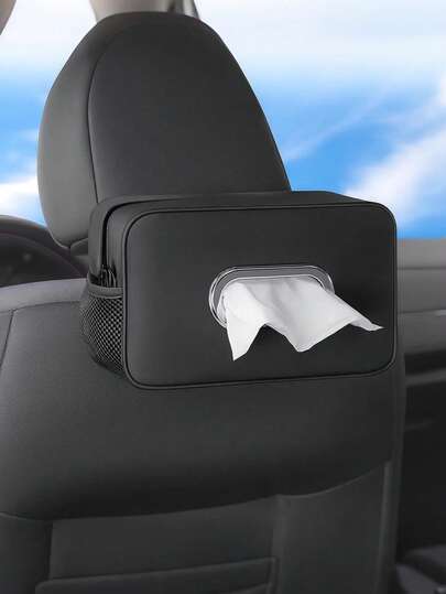 多功能车载纸巾盒 – PU皮革悬挂式纸巾盒，带2个网状口袋，适用于头枕、扶手、遮阳板，优雅的收纳整理器，保持车内整洁