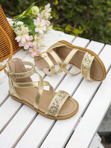 Best Selling Kids Champagne Glitter Ankle Strap Sandals With Zipper & Buckle Closure Open Toe Summer Flat Shoes - Champagne - View 5