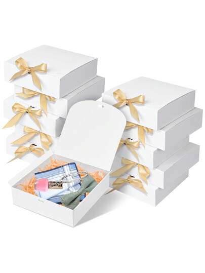 10个装礼品展示盒，16.5*16.5*5厘米白色方形礼品盒，易于组装，带蝴蝶结丝带，适合生日和节日等场合。
