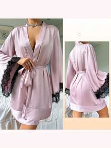 1 chiếc áo choàng sang trọng mới về, thiết kế cổ tay áo ren và tay áo loe, đồ mặc nhà thanh lịch dành cho nữ. - Nhiều màu - Xem 5