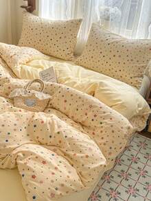 4件套柔软透气被套组，乳黄色底色搭配彩虹星印花，甜美酷炫少女风，卧室或宿舍改造的完美之选（1个被套+1个床单+2个枕套，不含被芯和枕芯，枕套图案随机裁剪） - 黃色 - 查看 3