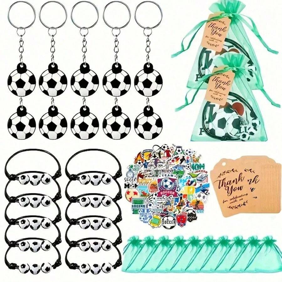 90pcs/10sets Football Party Favors, Including Keychains, Ribbon Bags, Bracelets, Stickers And Brown Paper Tags, Suitable For Birthday Parties, Football Match Parties, Sports Events And Other Occasions - Multicolor - View 1