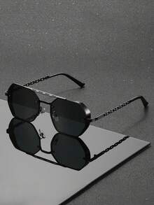 一副男女通用双梁多边形时尚眼镜，合金材质，防晒，复古休闲风格，周末度假款 - 亮黑 - 查看 2