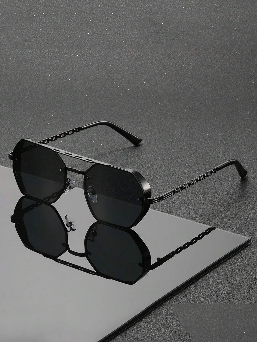 1 par de gafas de moda con marco poligonal, material de aleación, estilo casual retro, adecuado para fines de semana y vacaciones - negro brillante - Ver 1