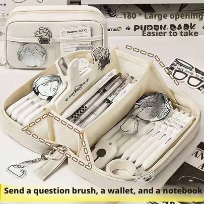 Estuche para lápices de gran capacidad con diseño de volcán de dibujos animados, de uso múltiple para la escuela secundaria, con tapa abatible y bolsa de almacenamiento de artículos de papelería para niños y niñas