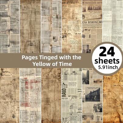 24pcs Vintage Background Scrapbooking Papers, Junk Journal Craft Supplies, Diary Gift Wrapping And Journaling, DIY Card Making Craft Papers, Aged Paper Theme Scrapbook Papers, Student Stationery, 5.9x5.9inch Craft Papers