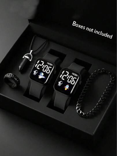 Bộ 4/1 đồng hồ nam thời trang và giản dị, màn hình LED kỹ thuật số điện tử, kèm dây chuyền mặt dây, nhẫn và vòng tay, phù hợp cho nam giới đeo hàng ngày, làm quà tặng sinh nhật/lễ hội, trang trí du lịch và tiệc tùng, quà tặng hoàn hảo cho Ngày Valentine/Ngày của Cha.