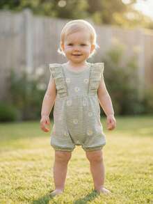 Infant Baby Girls Rompers Daisy Embroidery Stripe Crew Neck Ruffles Fly Sleeve Waffle Infant Bodysuits Jumpsuits - 綠色 - 查看 3