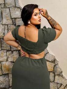 Princess Plus Size Long Dress With Short Sleeves, Party Look, Duna Fabric, Sizes G1 G2 - xanh quân đội - Xem 7